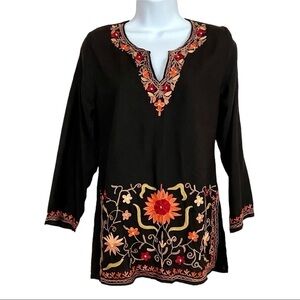 Black Floral Embroidered Boho Peasant Tunic Top Small Coverup Resort Vacation